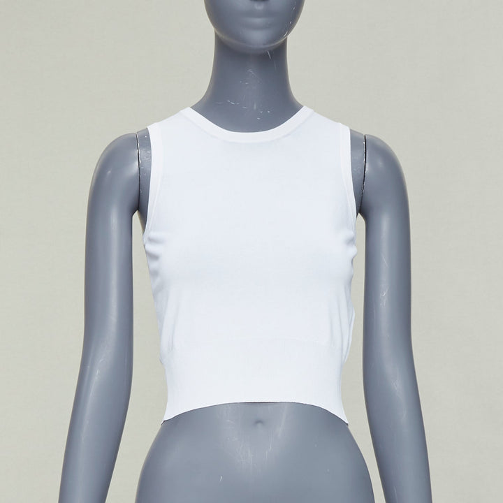 ALAIA white viscose blend sleeveless round neck ribbed hem crop vest FR36 S