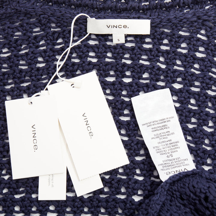 VINCE navy organic cotton crochet open knit scalloped cropped cardigan S