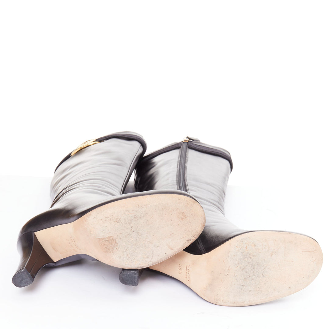 GUCCI GG Britt black leather gold GG web buckle high heel tall boots EU35.5