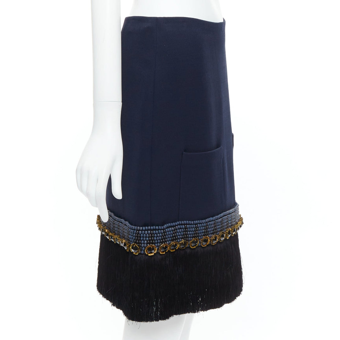 MARNI navy bead black crystal fringe embellished hem knee skirt IT38 XS