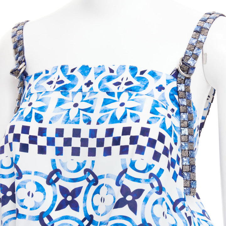 LOUIS VUITTON Monogram Tile silk white blue majolica beaded playsuit FR34 XS