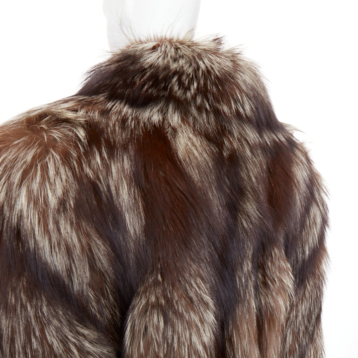 Natural Silver Fox brown oversized boxy shawl collar fur coat  Sz. 12 XL