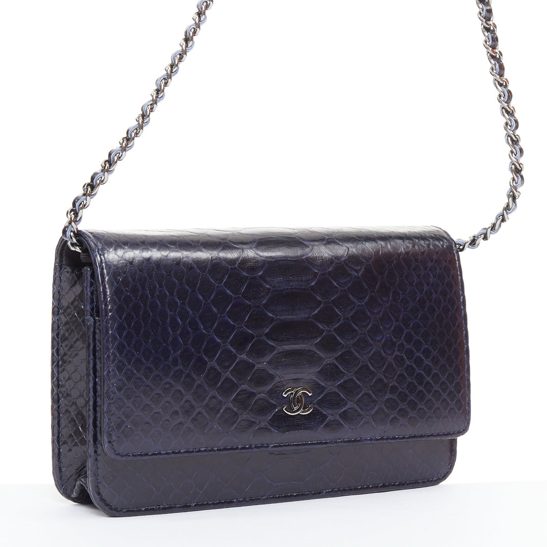 CHANEL Timeless Classic Flap Wallet on Chain navy scaled leather crossbody bag