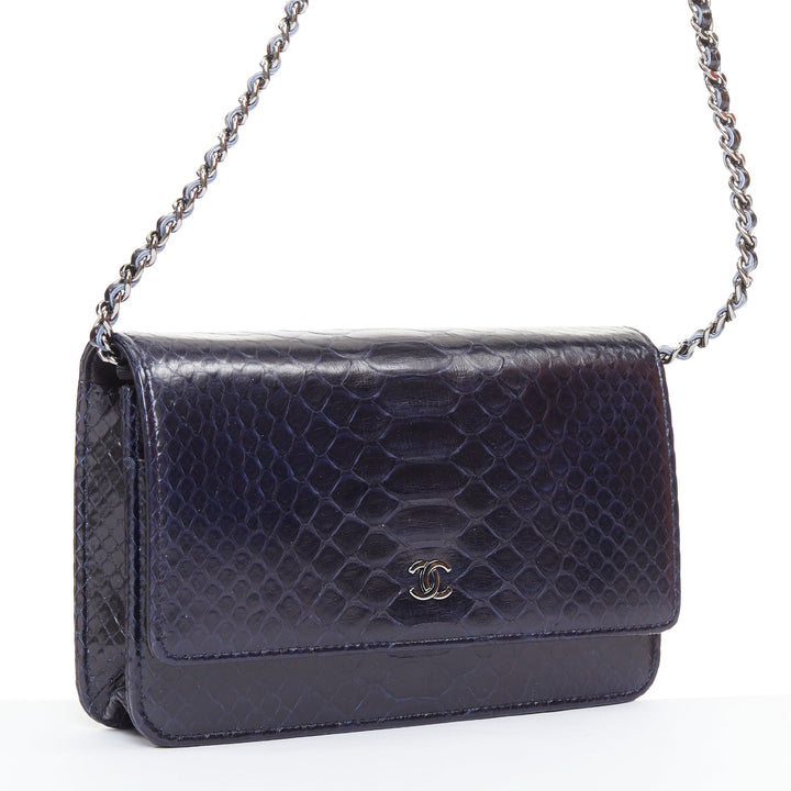 CHANEL Timeless Classic Flap Wallet on Chain navy scaled leather crossbody bag