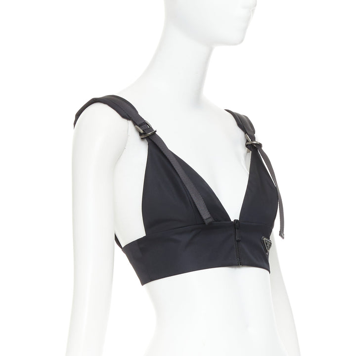 PRADA 2021 Re-Nylon Gabardine black logo buckle strap bralette crop top IT38 XS