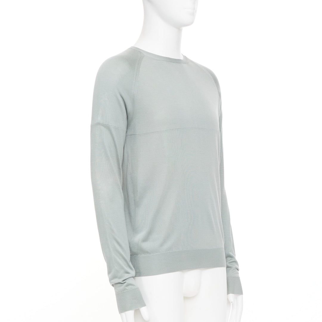 PRADA sage green grey panelled fine knit silk crewneck pullover sweater IT48 M