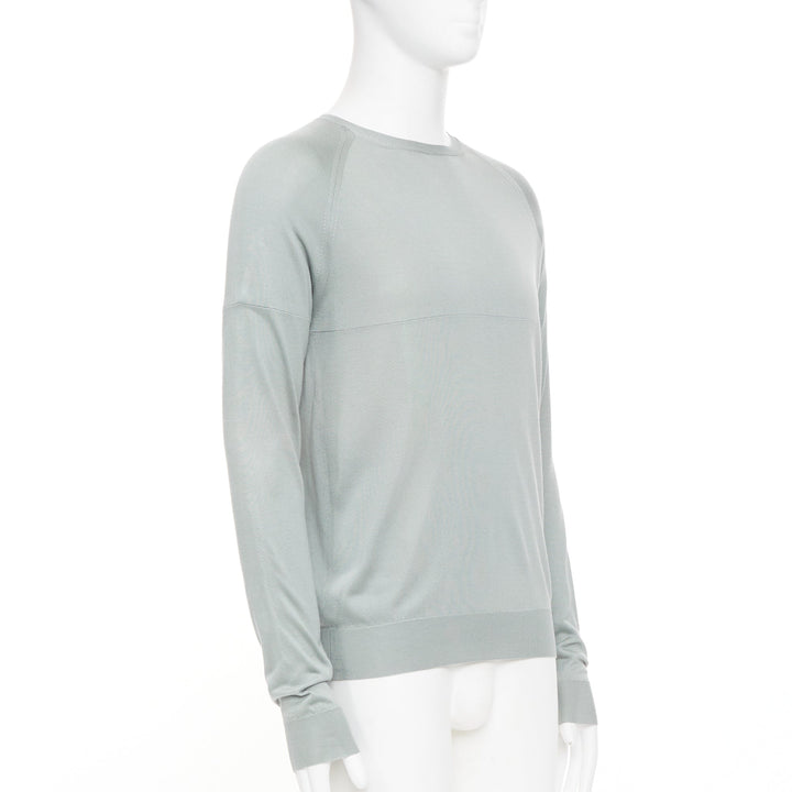 PRADA sage green grey panelled fine knit silk crewneck pullover sweater IT48 M