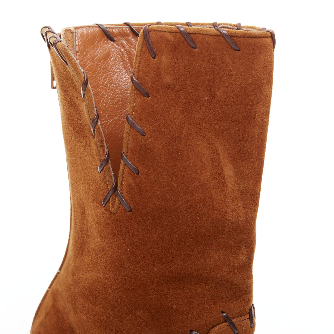MANOLO BLAHNIK Vintage brown suede overstitch detail heeled ankle boots EU39.5