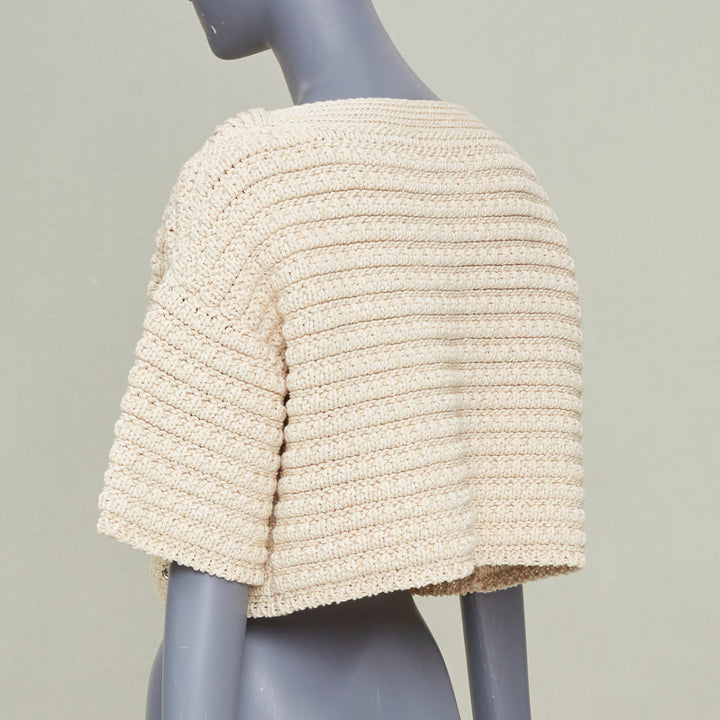 CHANEL 25C Runway garter stitch boat neck oat beige cropped knit top FR36 S