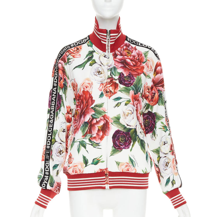 DOLCE GABBANA red rose floral print striped silk track bomber jacket IT36 XXS