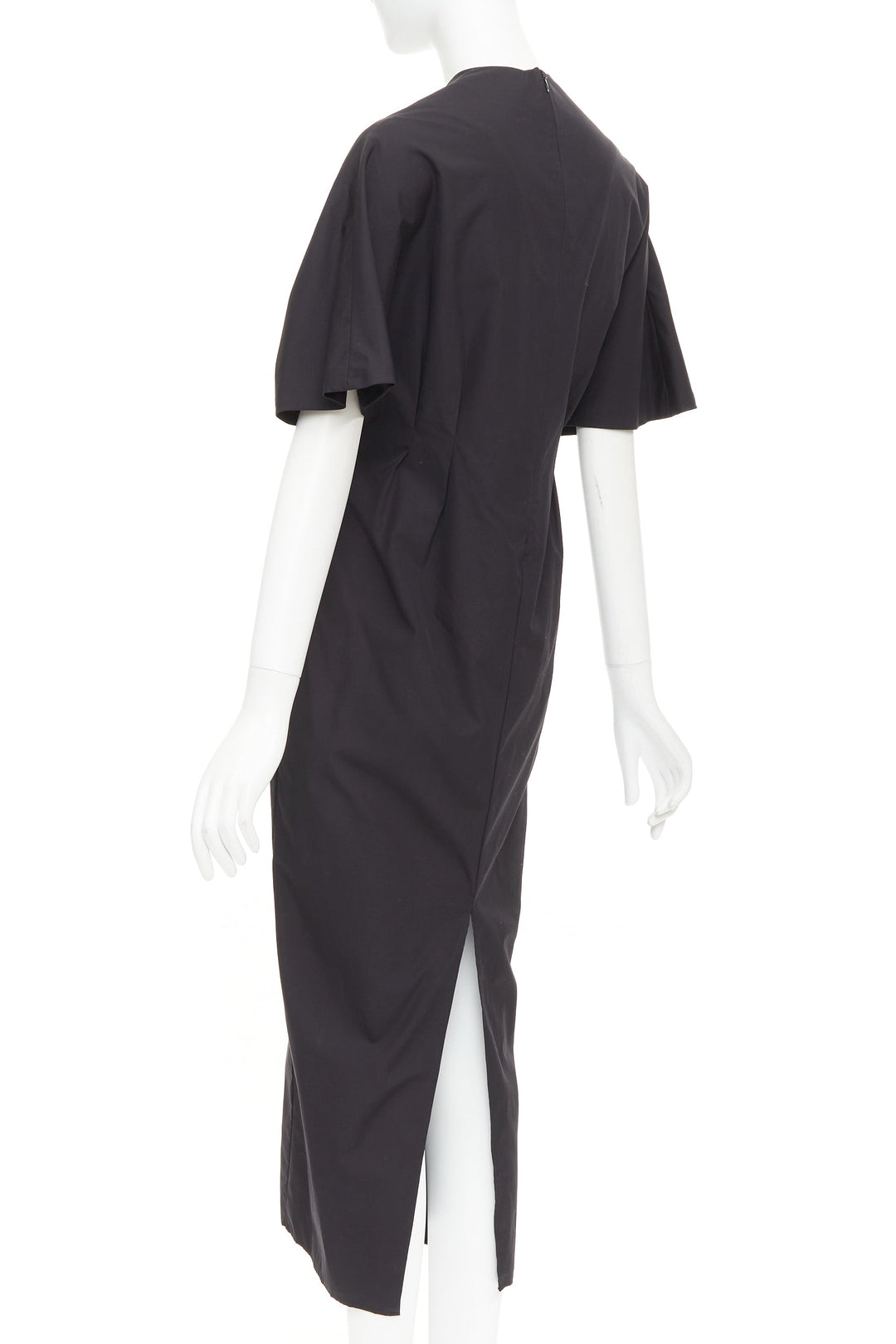 ESME VIE black cotton poplin V neck short cape sleeve pleated midi dress FR38 M