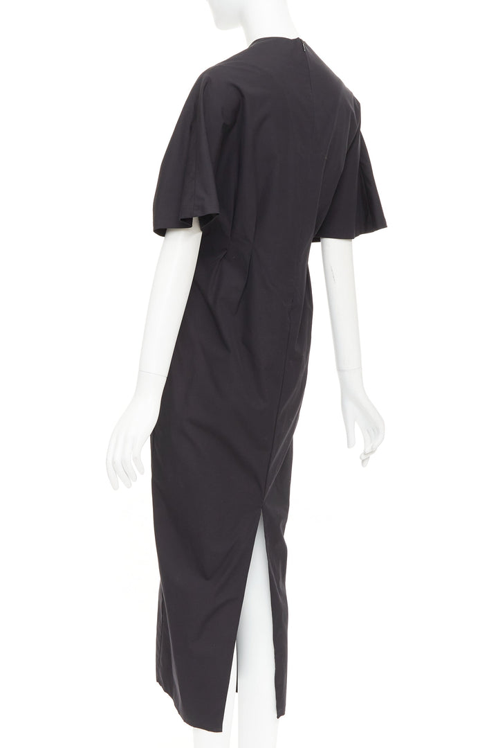 ESME VIE black cotton poplin V neck short cape sleeve pleated midi dress FR38 M