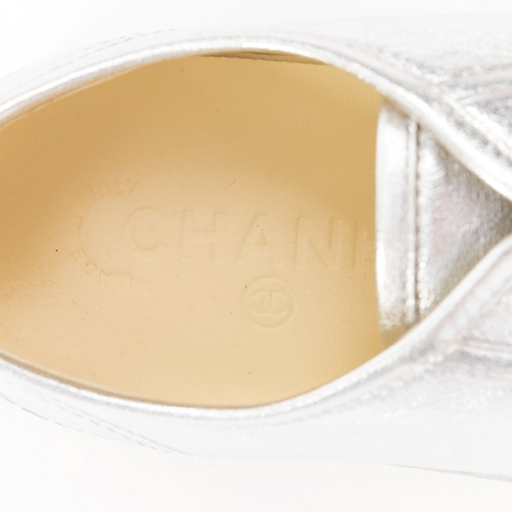 CHANEL 2017 metallic silver leather glitter lace up low top sneakers EU38.5