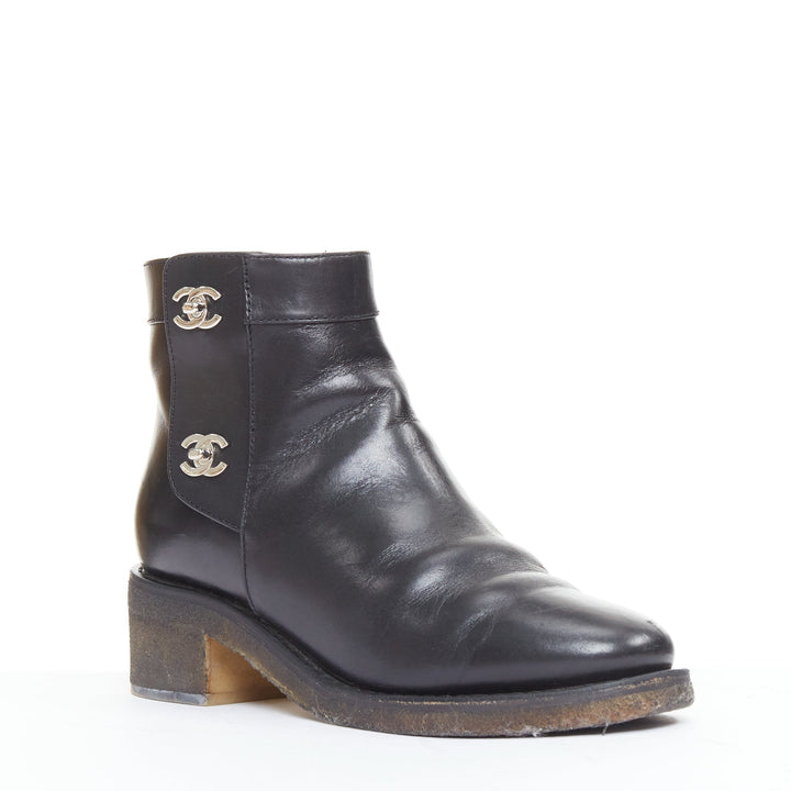 CHANEL Turnlock CC black leather silver logo crepe rubber sole ankle boots EU37