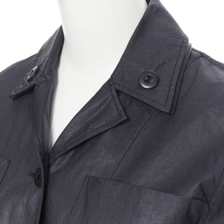 BOTTEGA VENETA black coated linen patent strapped cuff casual worker jacket IT36