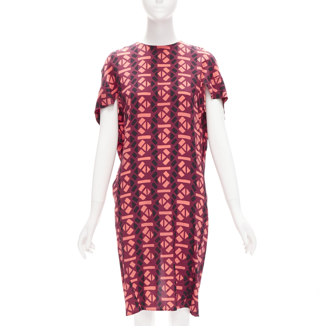 MARNI 100% silk burgundy pink geometric print cap sleeves dress IT36 XS