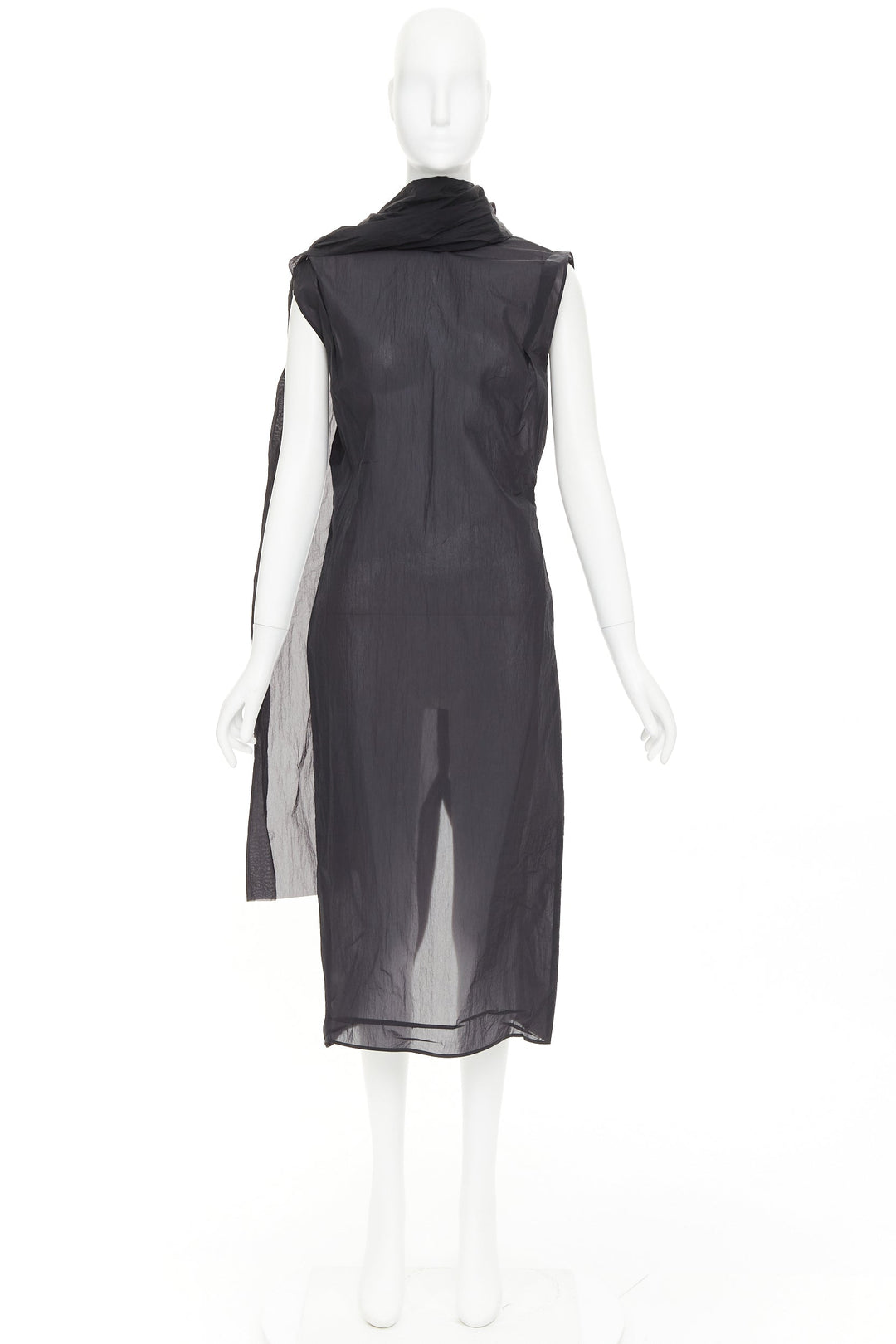PRADA 2023 black RE-Nylon crinkle scarf rosette dipped back draped dress IT38 XS