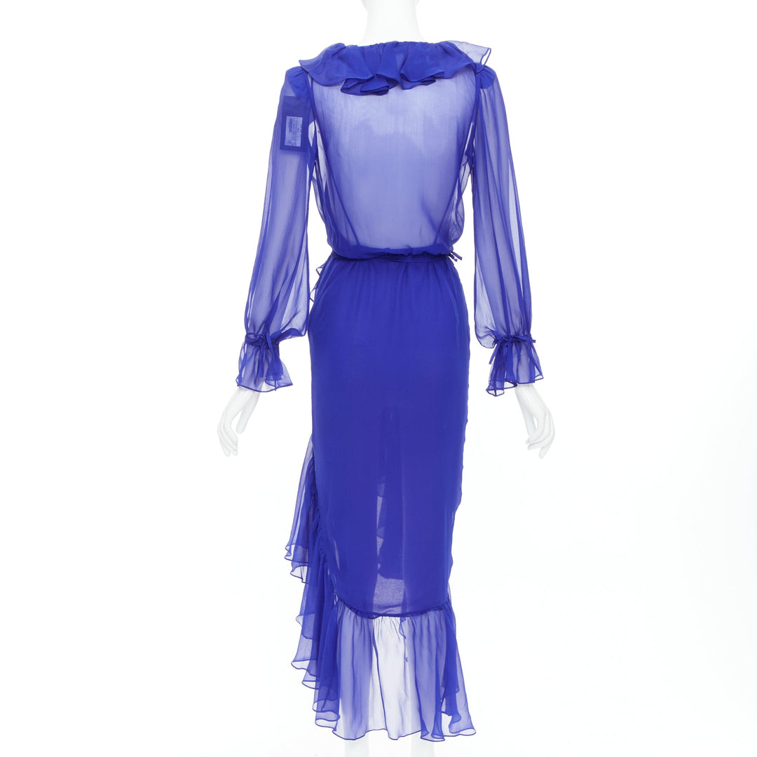 SAINT LAURENT 2020 Runway cobalt blue 100% silk ruffle wrap dress FR42 XL