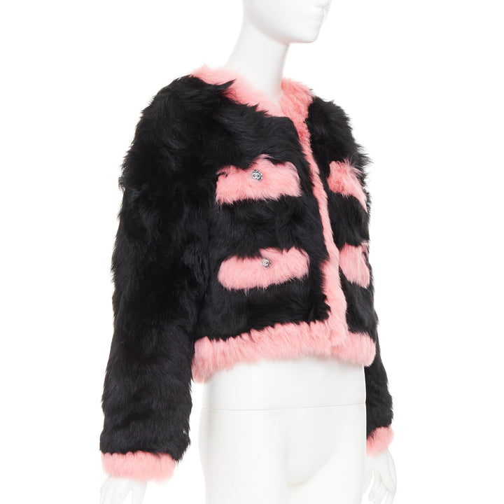 rare CHANEL 21K black pink shearling fur CC crystal button 4 pocket jacket FR36