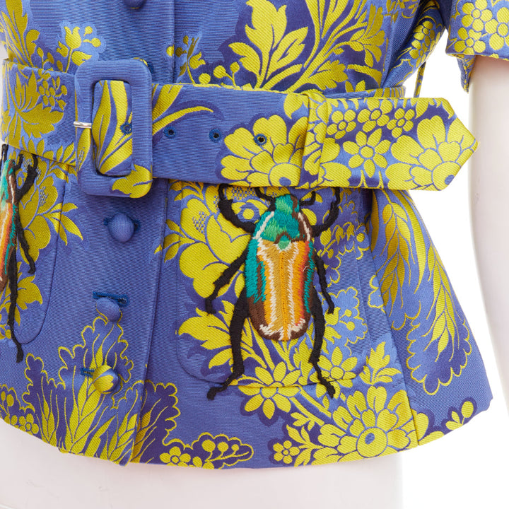 rare GUCCI 2017 blue yellow beetle embroidery floral jacquard belt jacket IT40 S