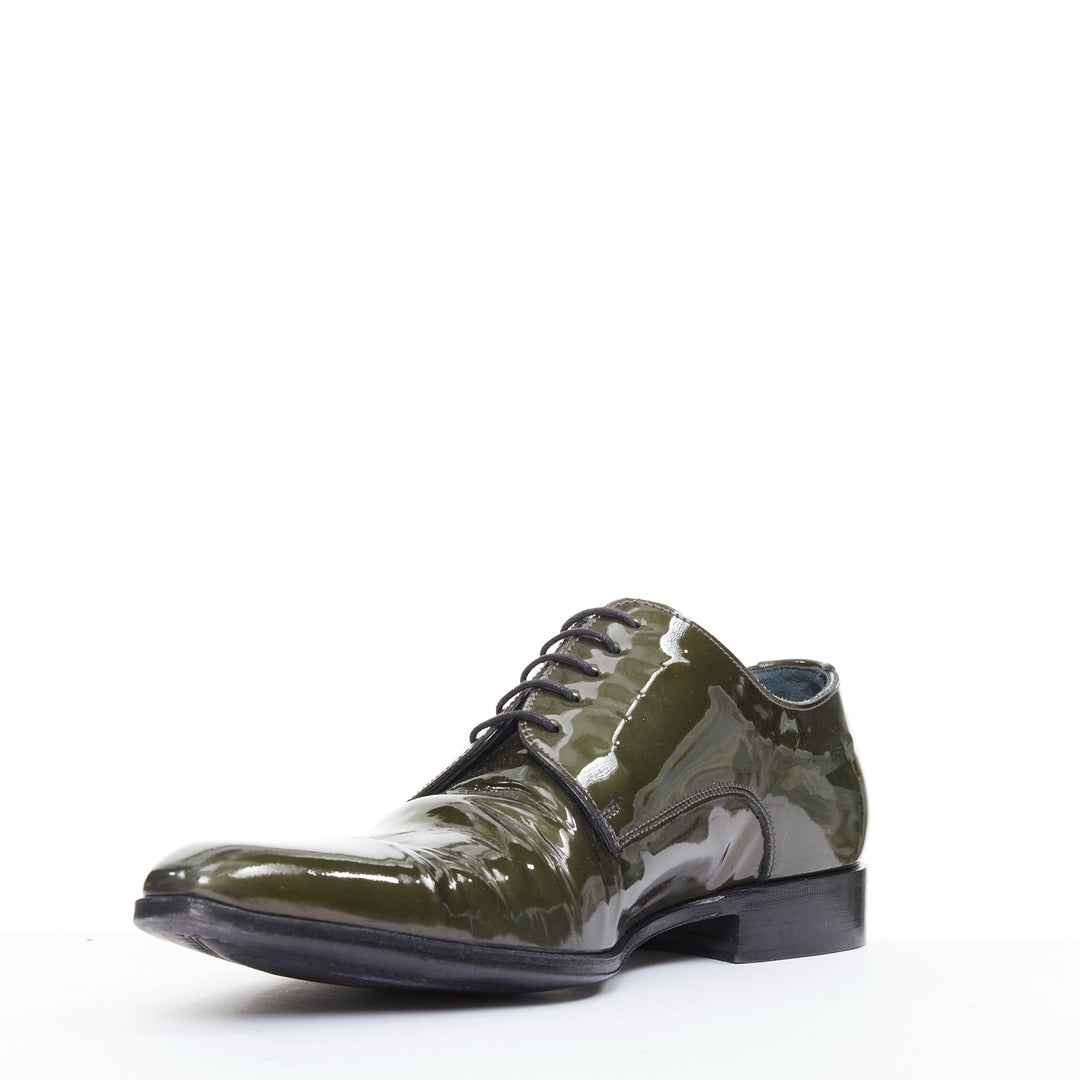 DOLCE GABBANA green patent leather pointy lace up brogue shoes UK7 EU41