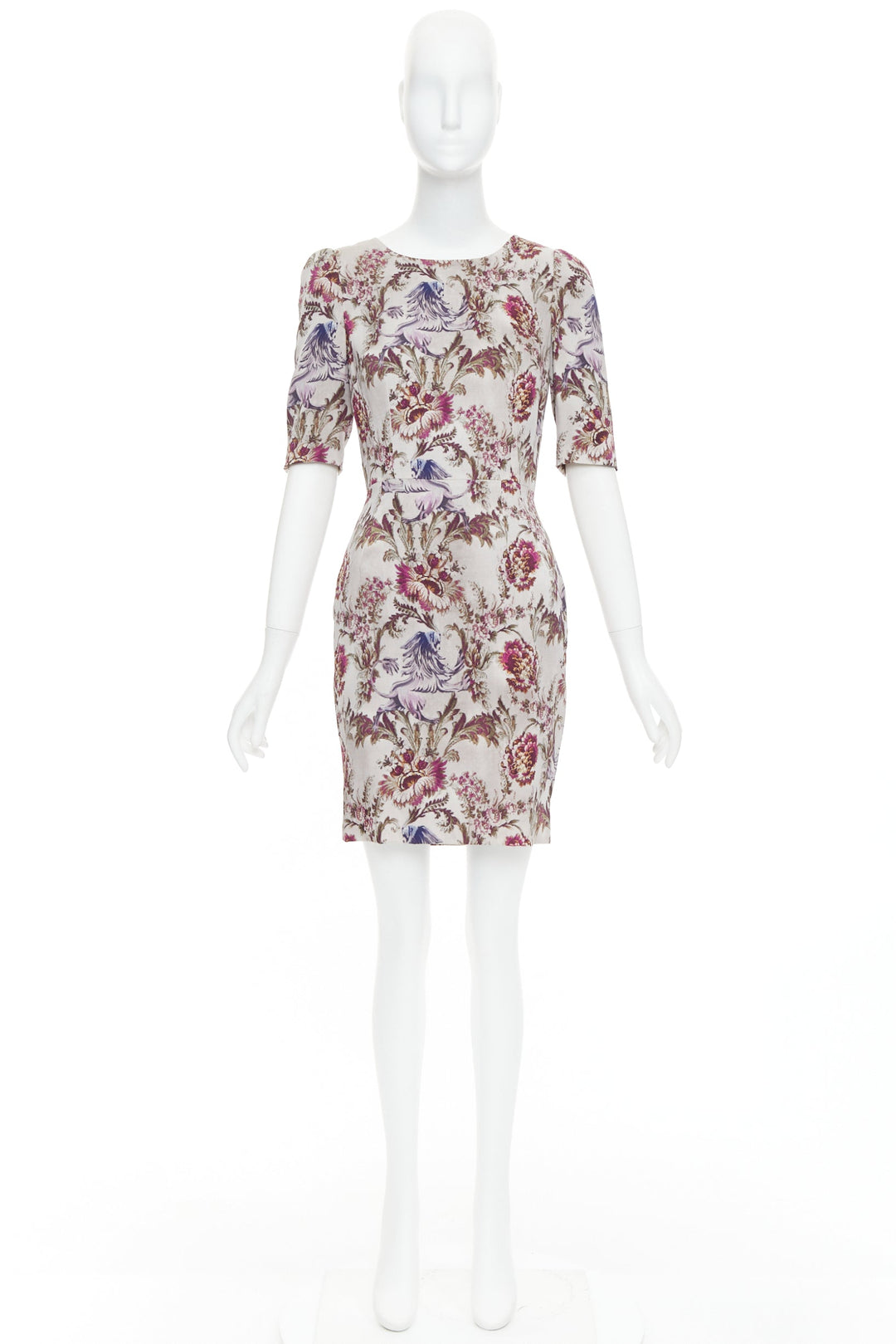 DOLCE GABBANA purple grey silk Barocco flower print sheath dress IT42 M