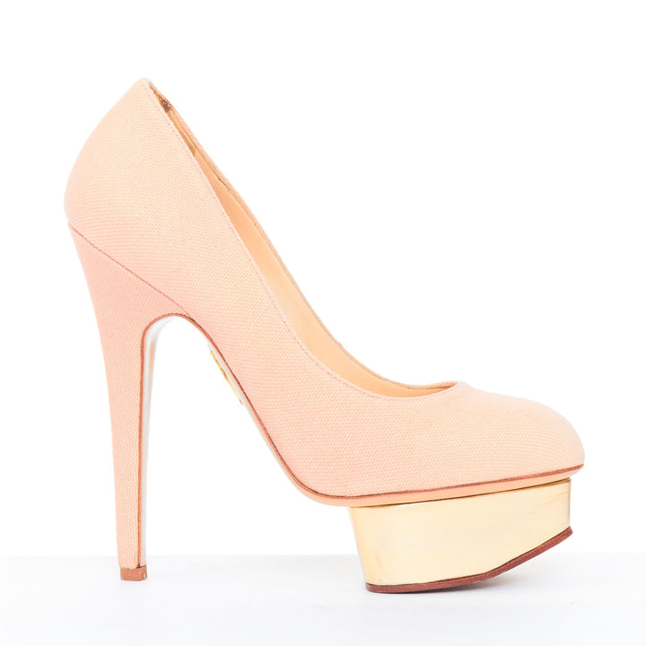 CHARLOTTE OLYMPIA Dolly beige canvas gold island metallic platform pumps EU36
