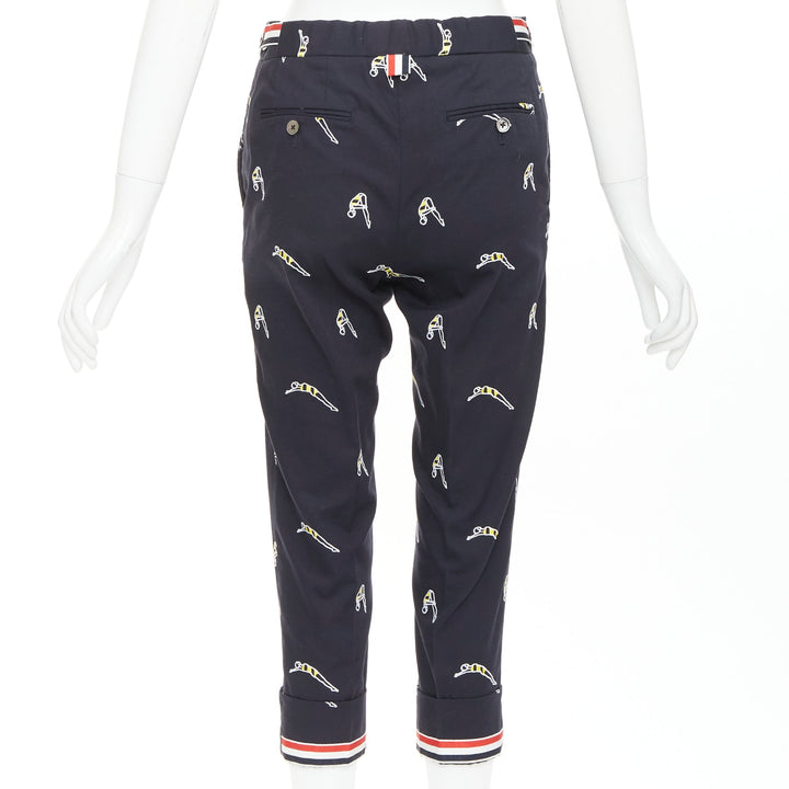 THOM BROWNE navy blue cotton yellow diver embroidery cropped chino pants US0 XS