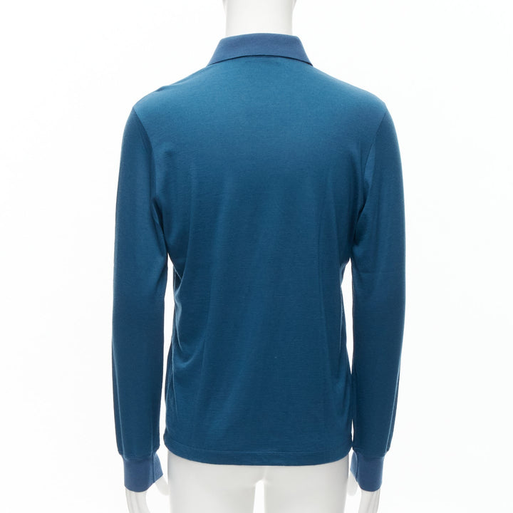 LORO PIANA teal blue 100% cashmere stitch button detail long sleeve polo shirt M