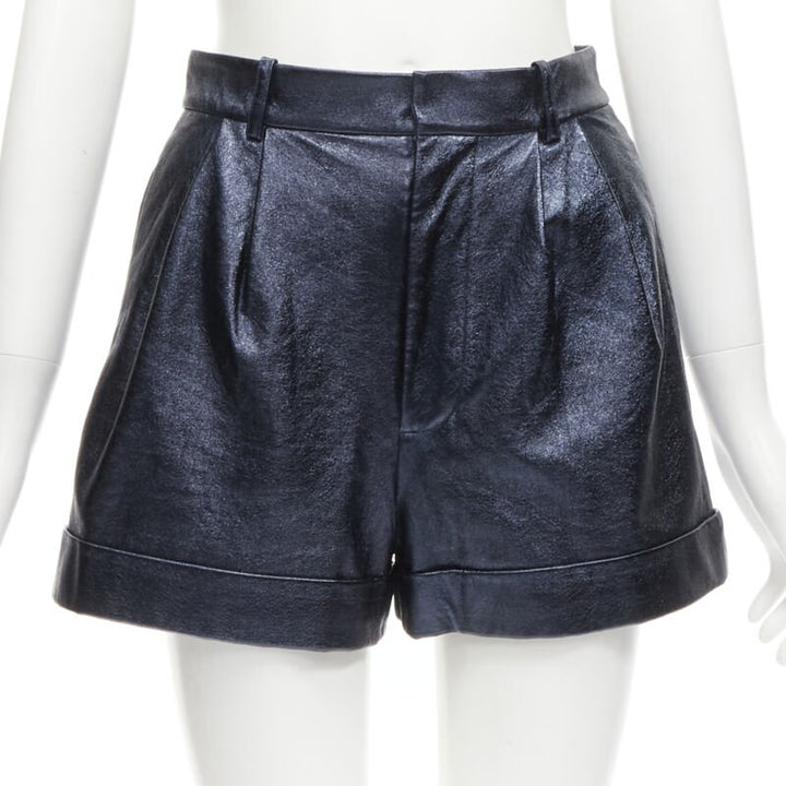 ALICE OLIVIA blue metallic faux leather cuffed high waisted shorts US0 XS