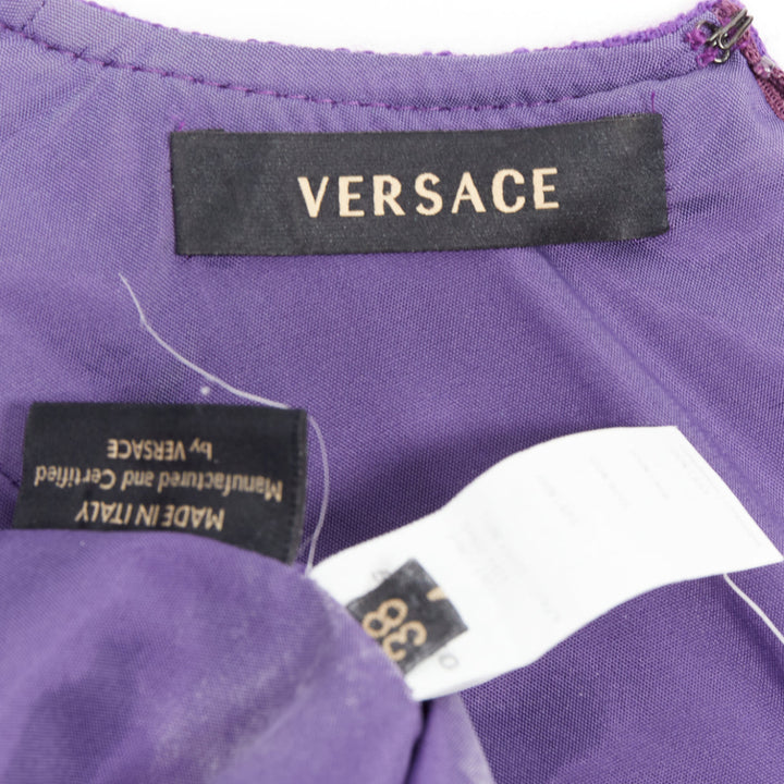 VERSACE purple boucle wool Medusa button slant pocket dress IT38 XS