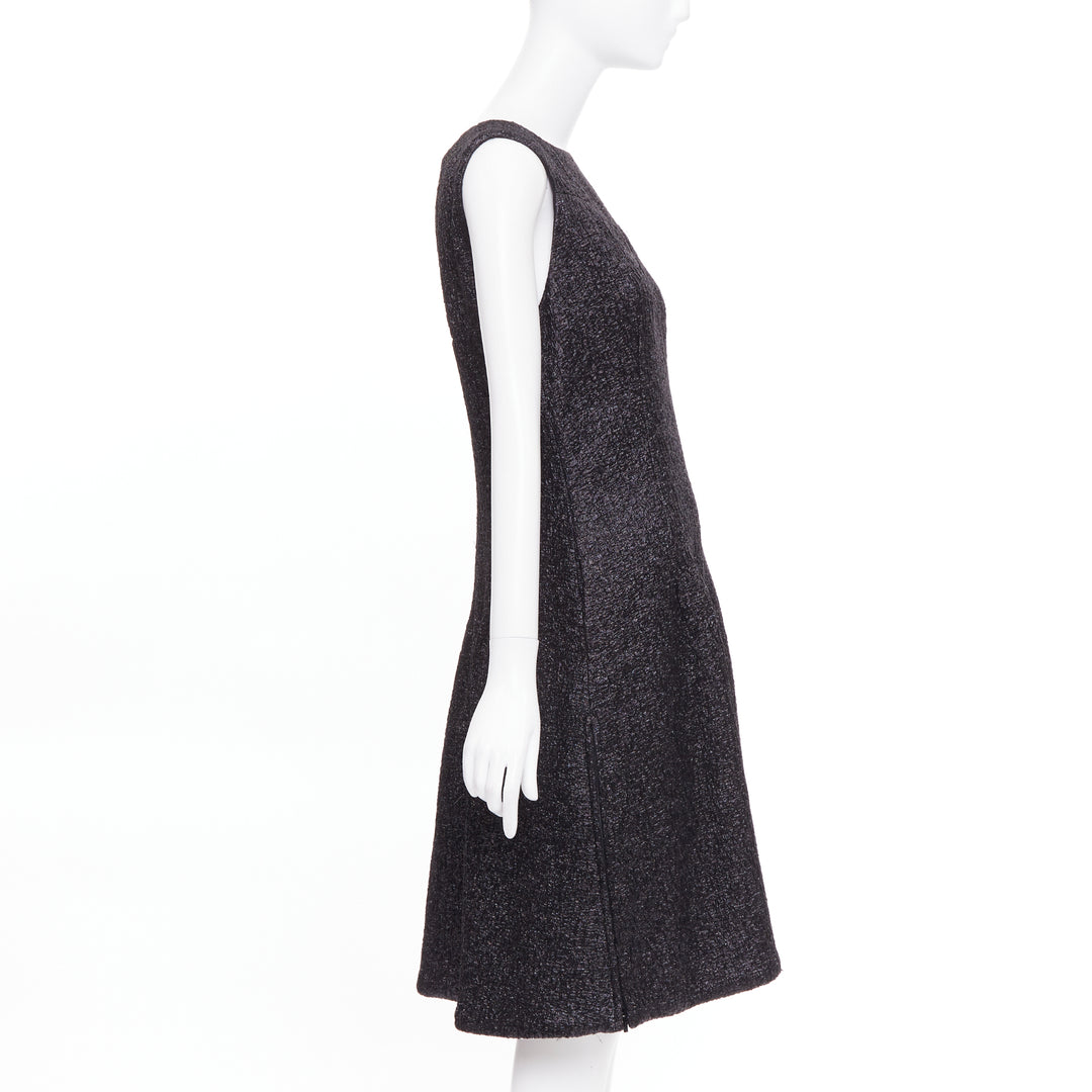 CHANEL 2016 Runway gunmetal glitter black pleated tweed sleeveless dress FR42 L
