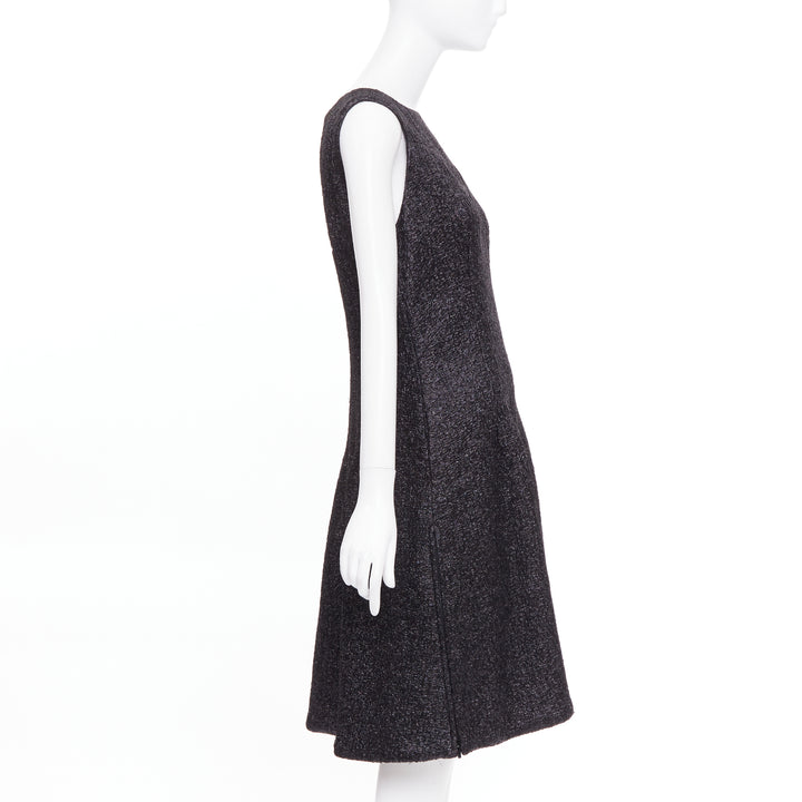 CHANEL 2016 Runway gunmetal glitter black pleated tweed sleeveless dress FR42 L