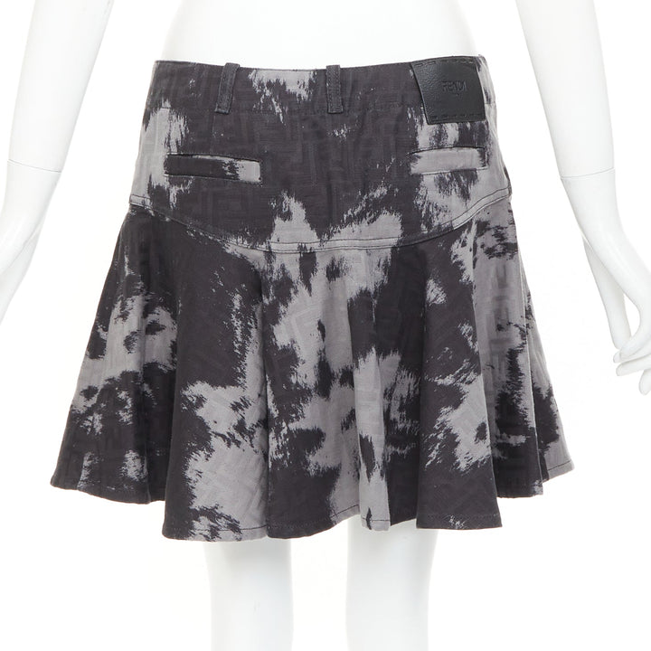 FENDI Five-Pocket black grey cotton FF Monogram tie dye denim flared skirt IT42