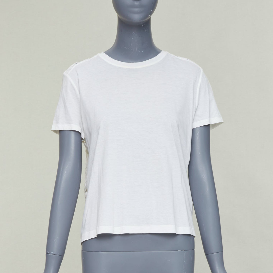 VALENTINO cream cotton intricate lace back sheer hi low tshirt S
