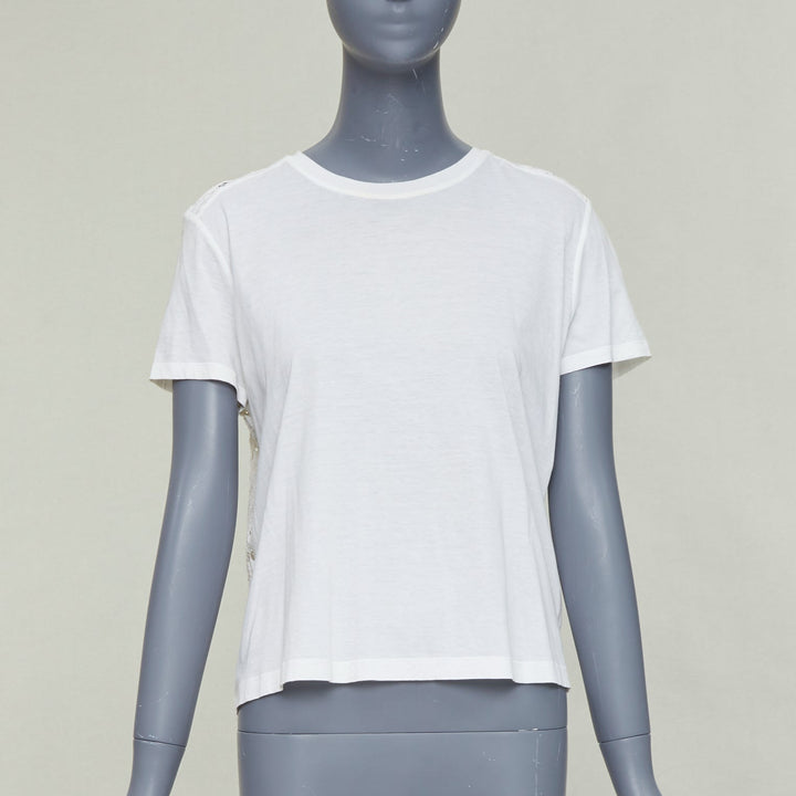 VALENTINO cream cotton intricate lace back sheer hi low tshirt S