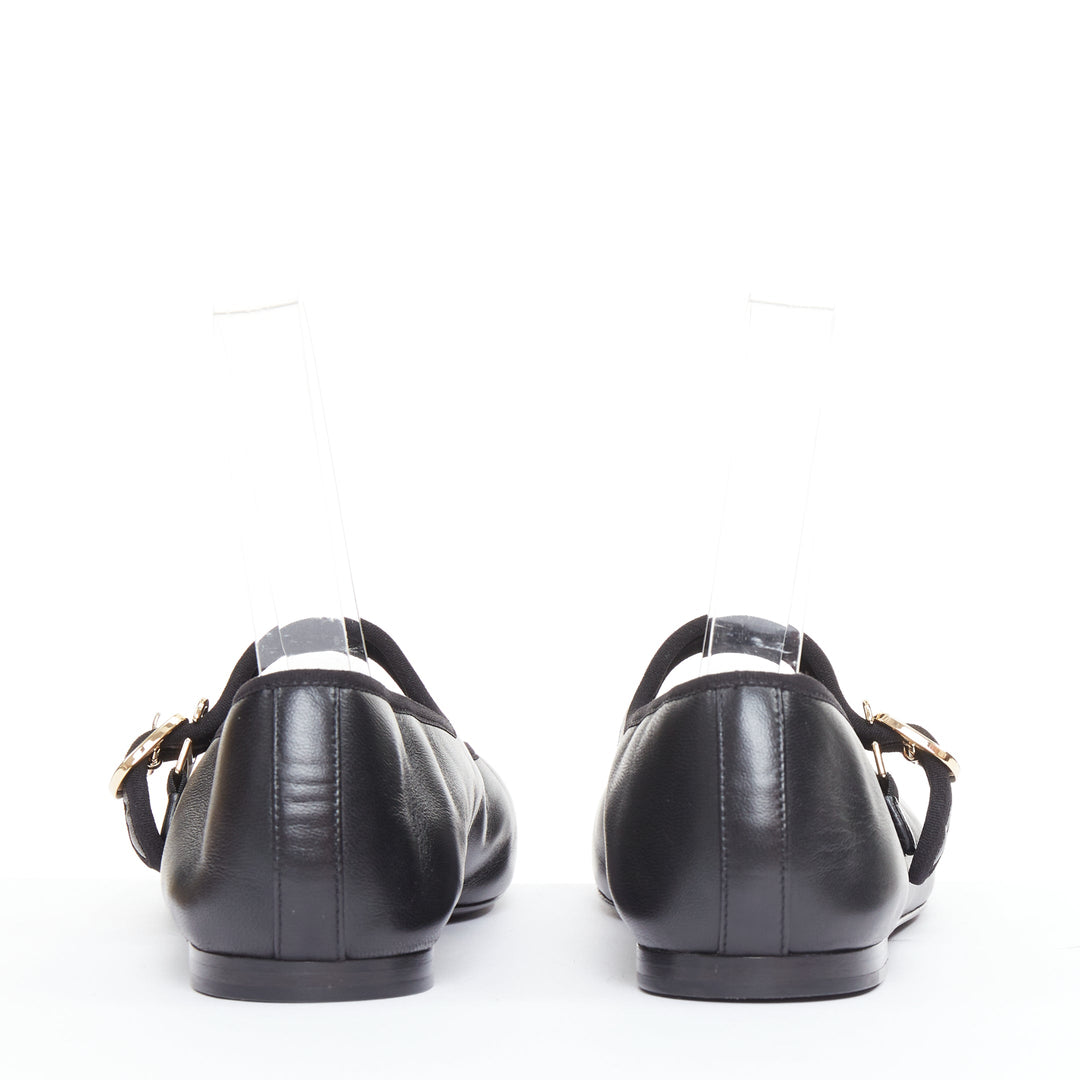 CHANEL 2024 black soft lambskin leather stitched CC cap toe mary jane flats EU39