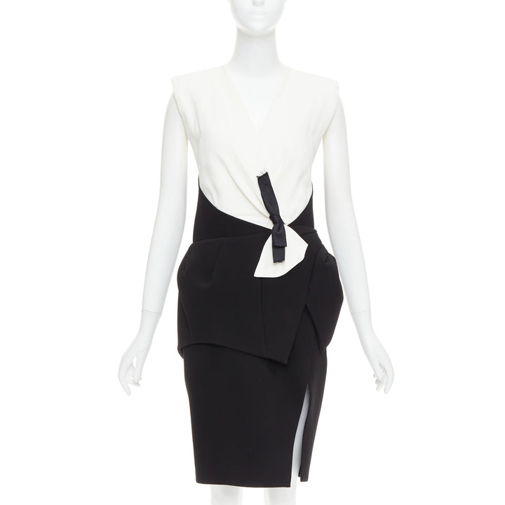BALENCIAGA 2008 Runway black cream twist bow drape peplum hi-slit dress FR38 M