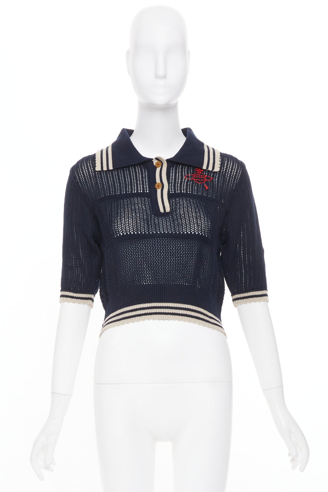 VIVIENNE WESTWOOD navy open stitch cotton linen embroidered orb polo top M