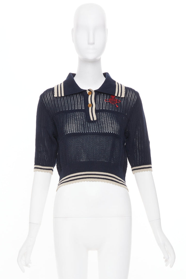 VIVIENNE WESTWOOD navy open stitch cotton linen embroidered orb polo top M
