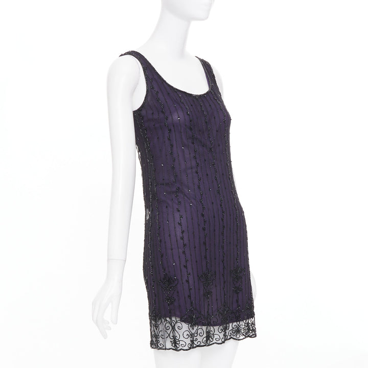LAUNDRY BY SHELLI SEGAL Vintage purple embroidered beaded shell dress P