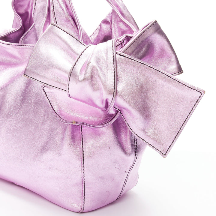 VALENTINO GARAVANI metallic purple leather bow detail hobo tote bag