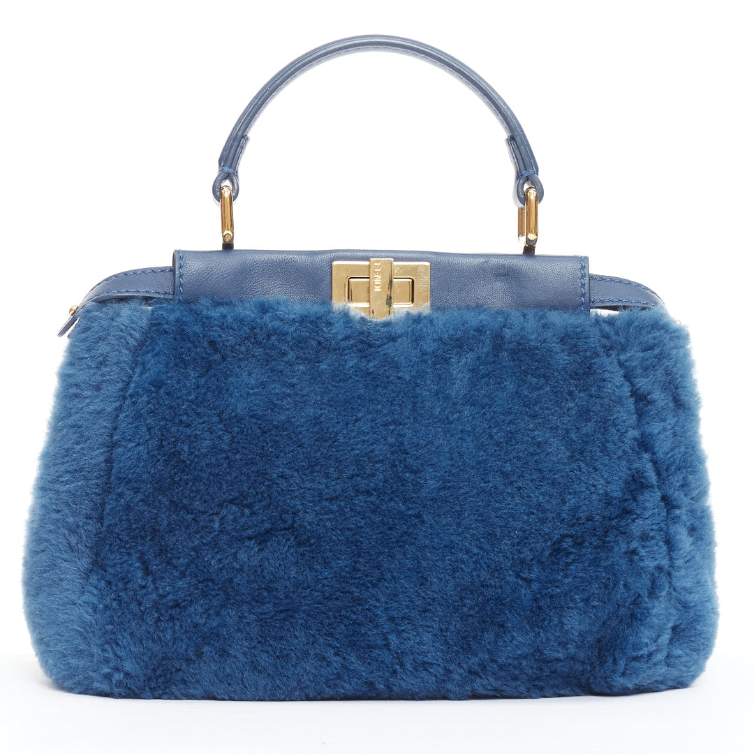 FENDI Peekaboo blue shearling fur gold hardware turnlock crossbody satchel