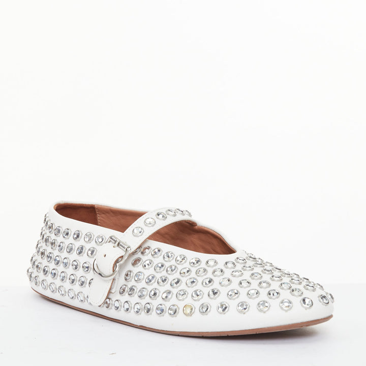 ALAIA 2023 Strass white lambskin crystal embellished mary jane ballet flats EU38