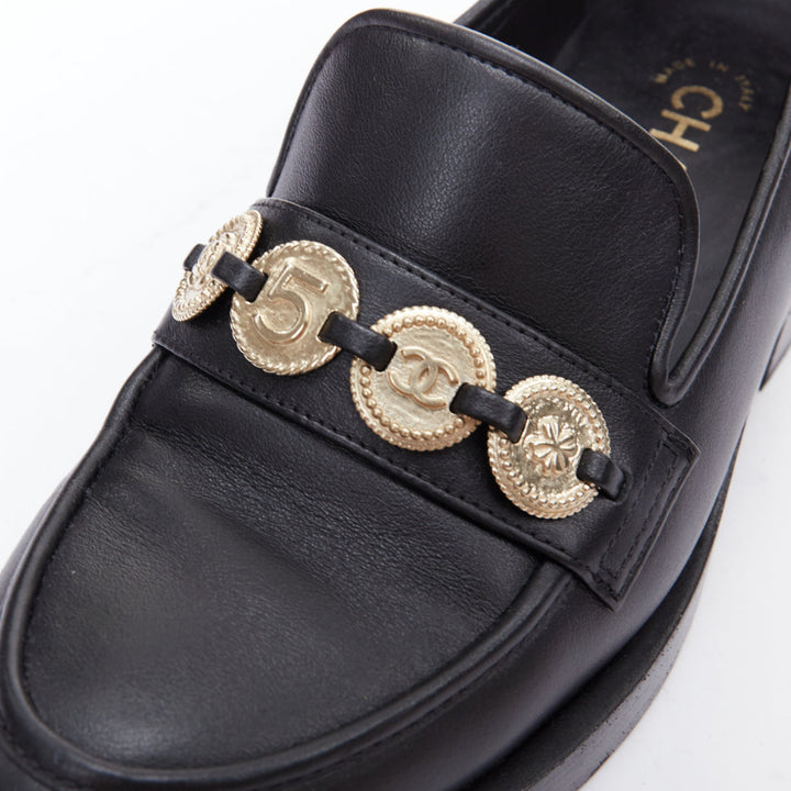 CHANEL 2023 black leather gold CC 5 coin embellished classic loafers EU37