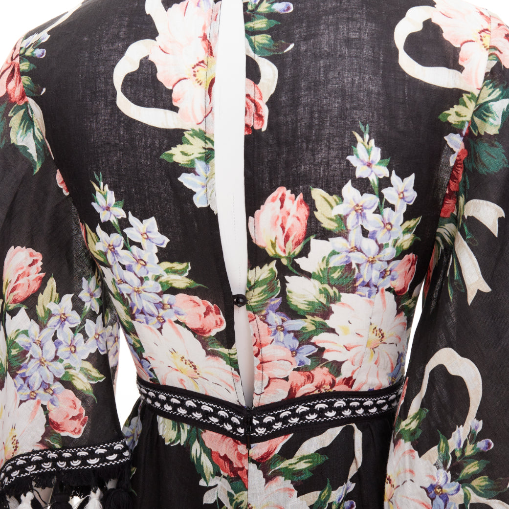 ALICE MCCALL Magic Moment black 100% linen floral fringed trim playsuit UK6 XS