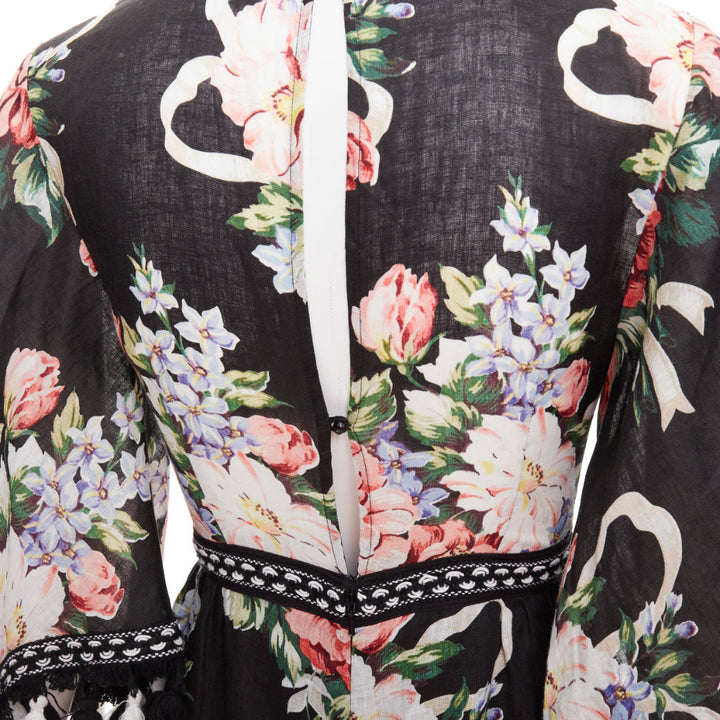 ALICE MCCALL Magic Moment black 100% linen floral fringed trim playsuit UK6 XS