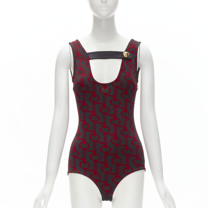 PRADA 2019 black red geometric knit button strap bodysuit top S