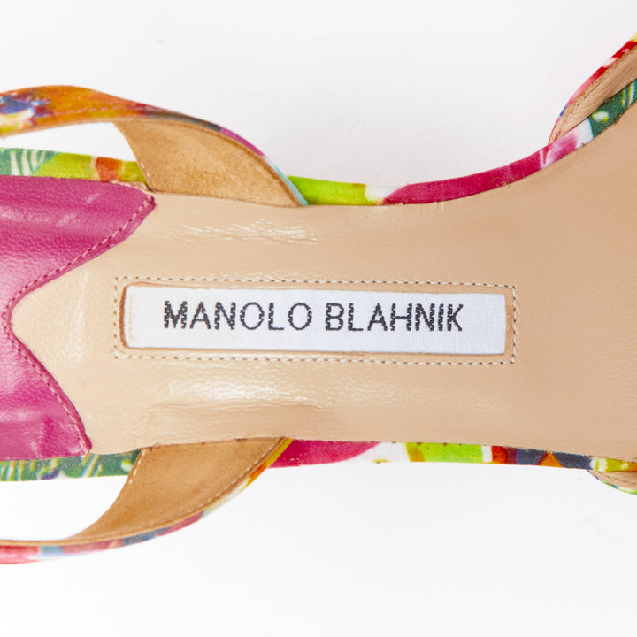 Female mannequin wearing Manolo Blahnik Multicolour Satin Women Heels in Size EU39 | Available at JHROP