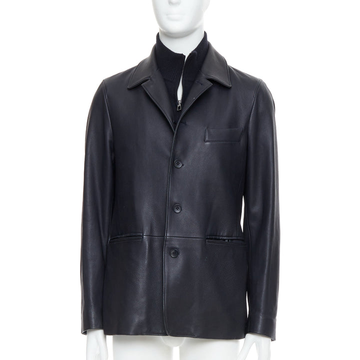 LORO PIANA black deer leather cotton cashmere lined layered coat S
